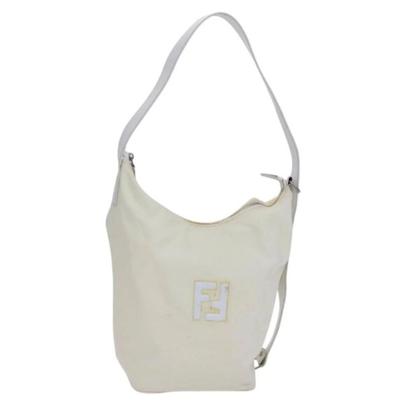 Fendi Handbags - FENDI Shoulder Bag Nylon Leather Beige White Silver